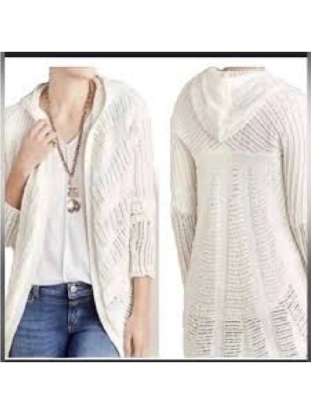Anthropologie Moth Women's Off White Hooded Crochet Open Front Cardigan Medium